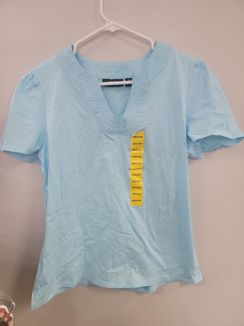Rafaella Womens Light Blue Cotton Short Sleeve Top With Embroidered V-Neckline &